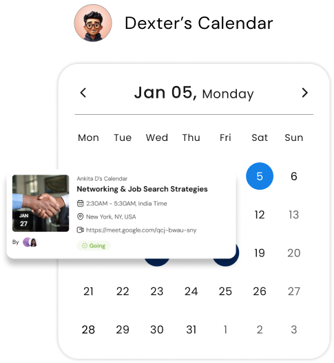 Key.ai's calendar interface displaying "Dexter's Calendar" with a highlighted "Jan 05, Monday," and an event pop-up for "Networking & Job Search Strategies" on Jan 27, including time, location, and meeting link.